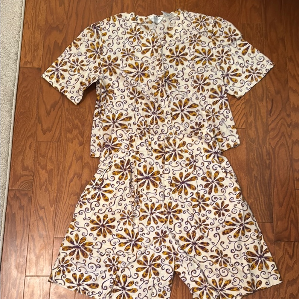 Purple Gold Floral Patterned Matching Set Linen Cotton L 12